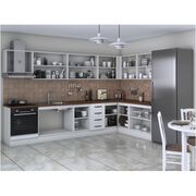 Bucatarie de colt Alfa, corp hota, corp cuptor, cu vitrina, alb, blat termic nuc