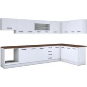 Bucatarie de colt Alfa, corp hota, corp cuptor, cu vitrina, alb, blat termic nuc