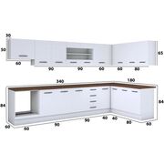 Bucatarie de colt Alfa, corp hota, corp cuptor, cu vitrina, alb, blat termic nuc