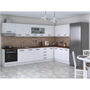 Bucatarie de colt Alfa, corp hota, corp cuptor, cu vitrina, alb, blat termic nuc