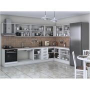 Bucatarie de colt Alfa, corp hota, corp cuptor, cu vitrina, alb, blat termic travertin