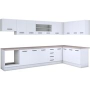 Bucatarie de colt Alfa, corp hota, corp cuptor, cu vitrina, alb, blat termic travertin