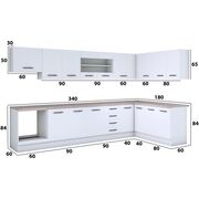 Bucatarie de colt Alfa, corp hota, corp cuptor, cu vitrina, alb, blat termic travertin