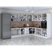 Bucatarie de colt Alfa, corp inalt cuptor, cu vitrina, alb, blat termic nuc