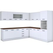 Bucatarie de colt Alfa, corp inalt cuptor, cu vitrina, alb, blat termic nuc