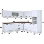 Bucatarie de colt Alfa, corp inalt cuptor, cu vitrina, alb, blat termic nuc