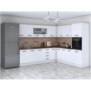 Bucatarie de colt Alfa, corp inalt cuptor, cu vitrina, alb, blat termic nuc