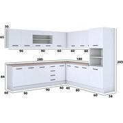 Bucatarie de colt Alfa, soldat, corp cuptor, corp hota, cu vitrina, alb, blat termic travertin