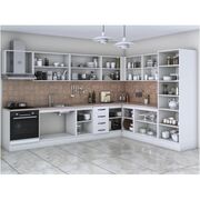 Bucatarie de colt Alfa, soldat, corp cuptor, corp hota, cu vitrina, alb, blat termic travertin