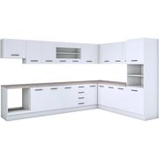 Bucatarie de colt Alfa, soldat, corp cuptor, corp hota, cu vitrina, alb, blat termic travertin