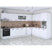 Bucatarie de colt Alfa, soldat, corp cuptor, corp hota, cu vitrina, alb, blat termic travertin