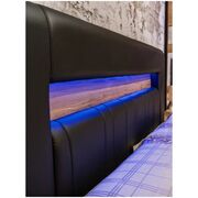 Dormitor Mozart, sonoma/negru, pat 180x200 cm, dulap cu 2 usi culisante, comoda, 2 noptiere