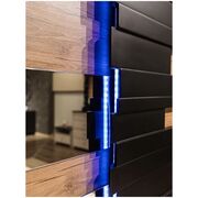 Dormitor Mozart, sonoma/negru, pat 180x200 cm, dulap cu 2 usi culisante, comoda, 2 noptiere