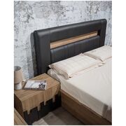 Dormitor Mozart, sonoma/negru, pat 180x200 cm, dulap cu 2 usi culisante, comoda, 2 noptiere