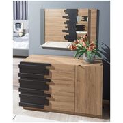 Dormitor Mozart, sonoma/negru, pat 180x200 cm, dulap cu 2 usi culisante, comoda, 2 noptiere