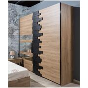 Dormitor Mozart, sonoma/negru, pat 180x200 cm, dulap cu 2 usi culisante, comoda, 2 noptiere