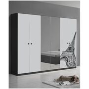 Dormitor Eiffel, alb/negru, pat 160x200, comoda, dulap, noptiere