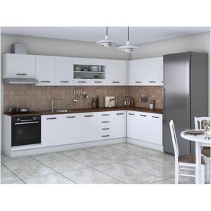 Bucatarie de colt Alfa, corp hota, corp cuptor, cu vitrina, alb, blat termic nuc