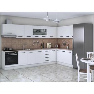 Bucatarie de colt Alfa, corp hota, corp cuptor, cu vitrina, alb, blat termic travertin