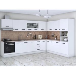 Bucatarie de colt Alfa, soldat, corp cuptor, corp hota, cu vitrina, alb, blat termic travertin