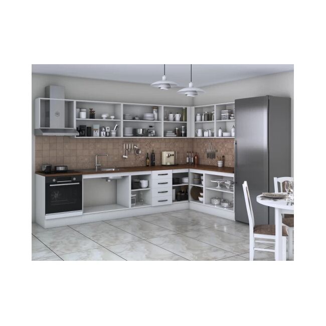 Bucatarie de colt Alfa, corp hota, corp cuptor, cu vitrina, alb, blat termic nuc