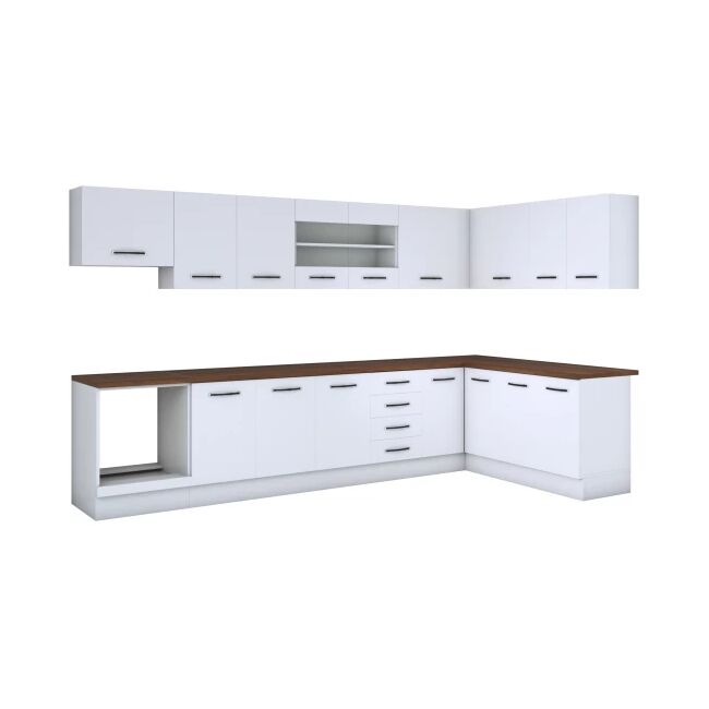 Bucatarie de colt Alfa, corp hota, corp cuptor, cu vitrina, alb, blat termic nuc