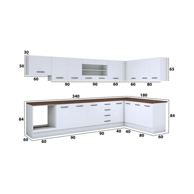 Bucatarie de colt Alfa, corp hota, corp cuptor, cu vitrina, alb, blat termic nuc