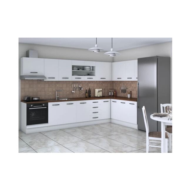 Bucatarie de colt Alfa, corp hota, corp cuptor, cu vitrina, alb, blat termic nuc