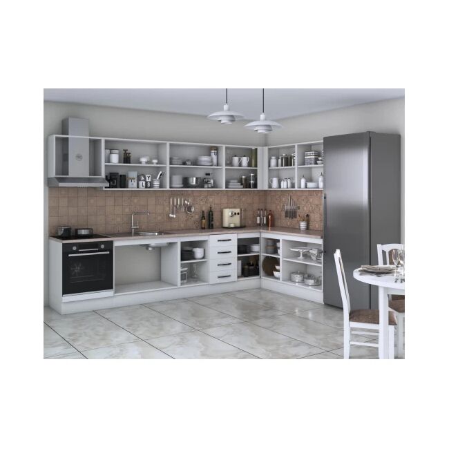 Bucatarie de colt Alfa, corp hota, corp cuptor, cu vitrina, alb, blat termic travertin