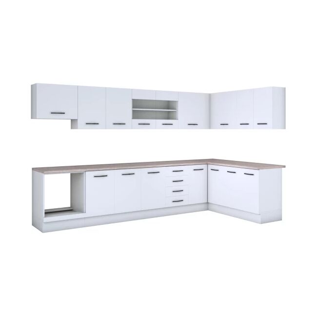 Bucatarie de colt Alfa, corp hota, corp cuptor, cu vitrina, alb, blat termic travertin