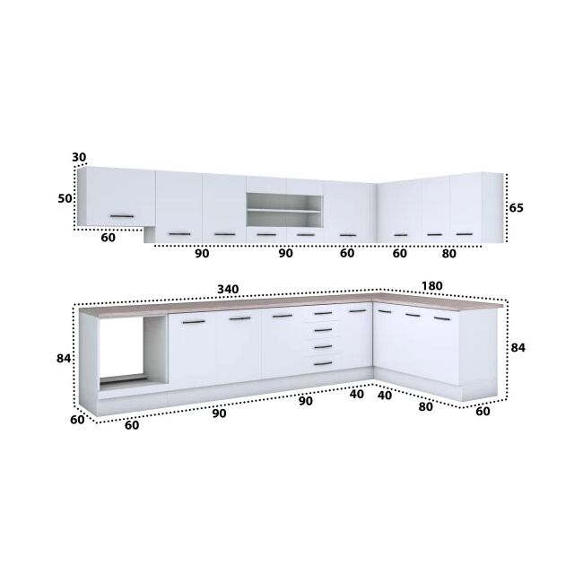 Bucatarie de colt Alfa, corp hota, corp cuptor, cu vitrina, alb, blat termic travertin