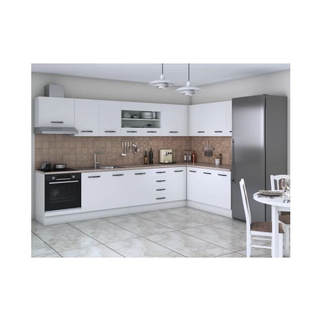 Bucatarie de colt Alfa, corp hota, corp cuptor, cu vitrina, alb, blat termic travertin