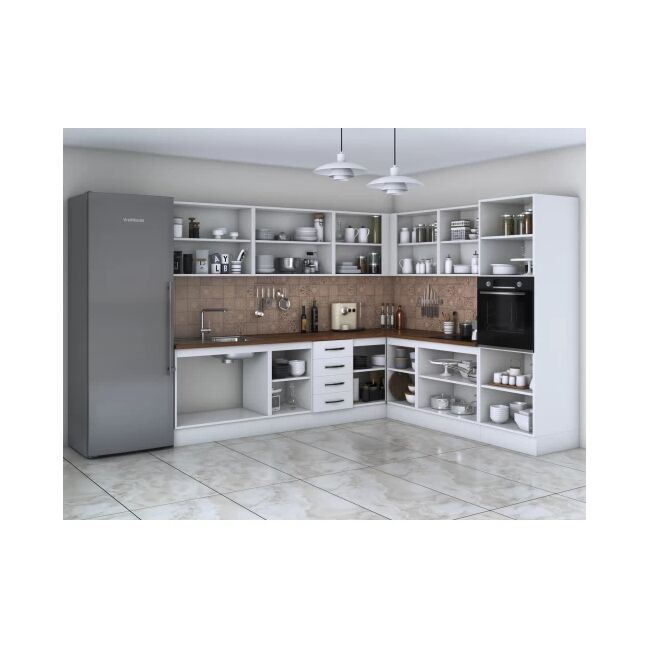 Bucatarie de colt Alfa, corp inalt cuptor, cu vitrina, alb, blat termic nuc