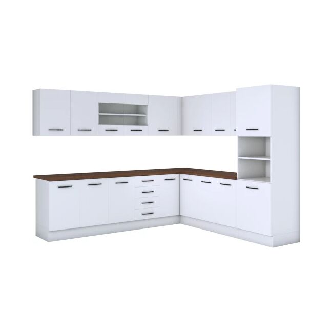 Bucatarie de colt Alfa, corp inalt cuptor, cu vitrina, alb, blat termic nuc