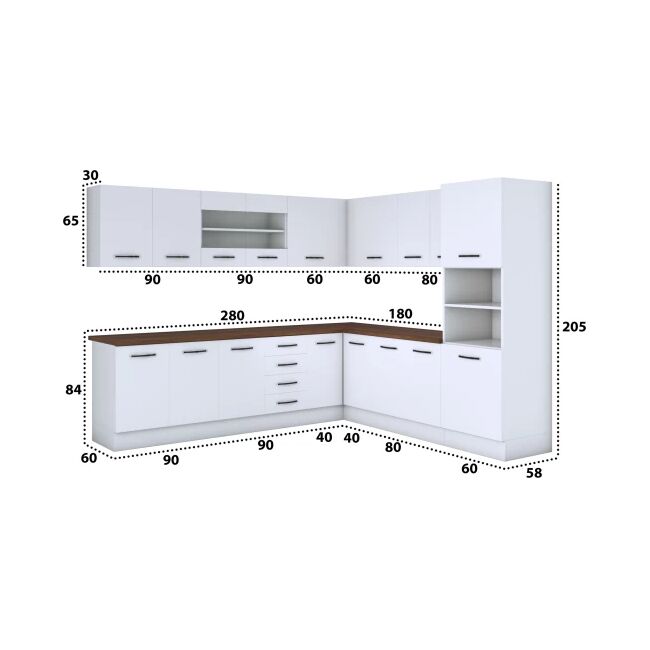 Bucatarie de colt Alfa, corp inalt cuptor, cu vitrina, alb, blat termic nuc