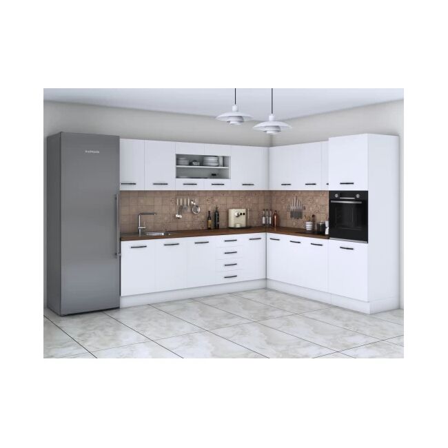 Bucatarie de colt Alfa, corp inalt cuptor, cu vitrina, alb, blat termic nuc