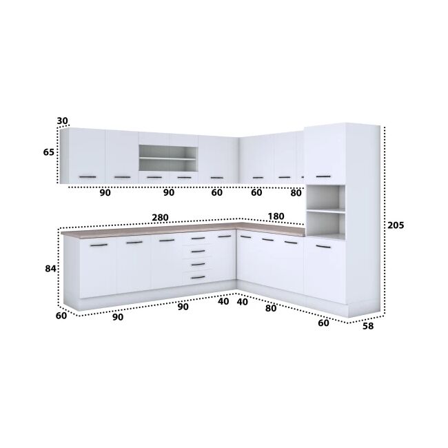 Bucatarie de colt Alfa, soldat, corp cuptor, corp hota, cu vitrina, alb, blat termic travertin
