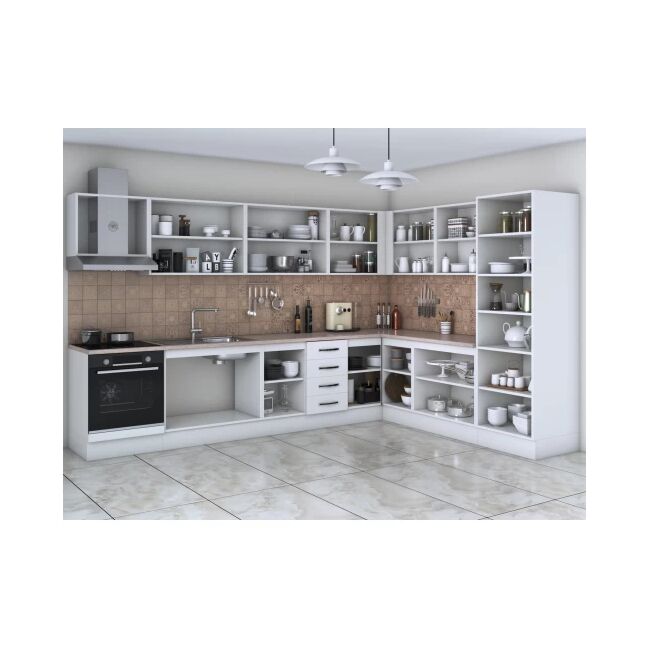 Bucatarie de colt Alfa, soldat, corp cuptor, corp hota, cu vitrina, alb, blat termic travertin