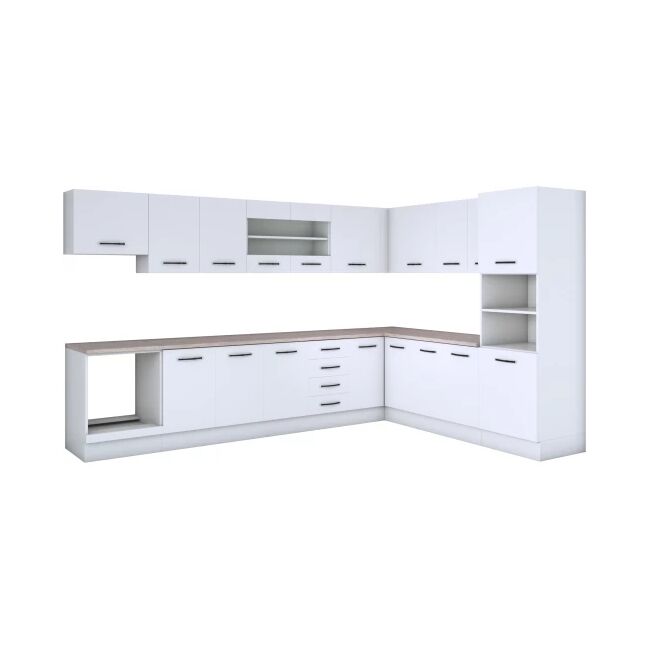 Bucatarie de colt Alfa, soldat, corp cuptor, corp hota, cu vitrina, alb, blat termic travertin