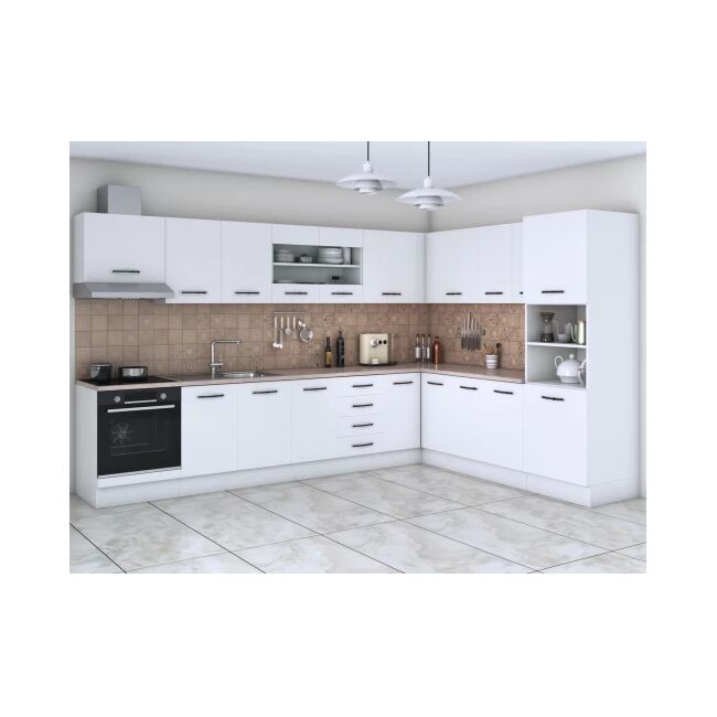 Bucatarie de colt Alfa, soldat, corp cuptor, corp hota, cu vitrina, alb, blat termic travertin