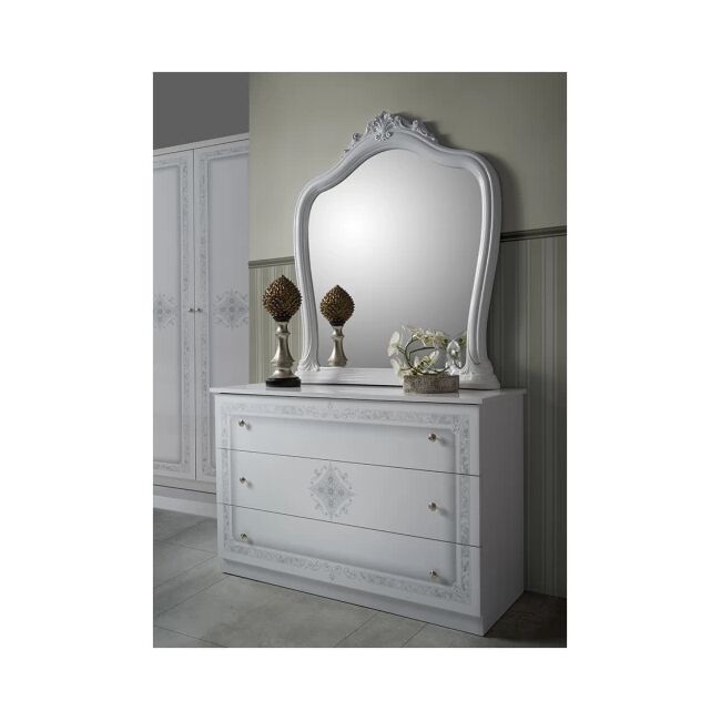 Dormitor Luisa, Alb, Pat 160x200 cm, Dulap cu 4 usi, Comoda, 2 Noptiere