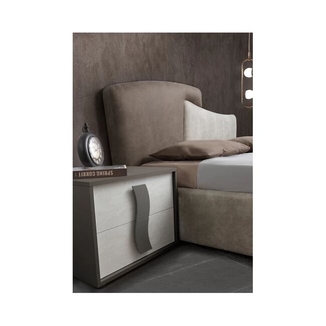 Dormitor Twin, alb/gri, pat 160x200 cm, dulap cu 2 usi culisante, 2 noptiere, comoda