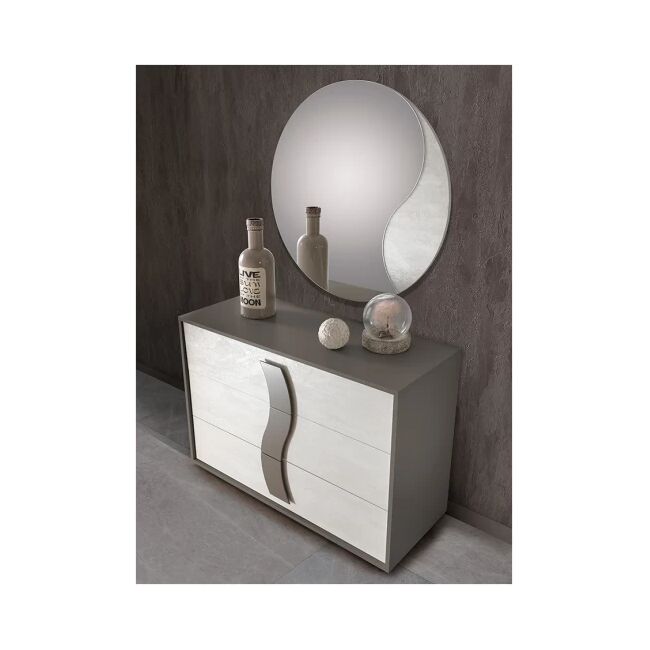 Dormitor Twin, alb/gri, pat 160x200 cm, dulap cu 2 usi culisante, 2 noptiere, comoda