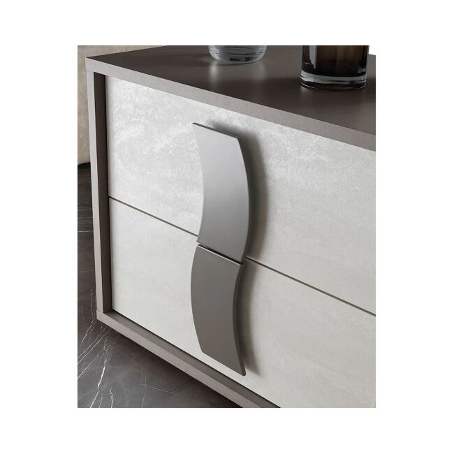 Dormitor Twin, alb/gri, pat 160x200 cm, dulap cu 2 usi culisante, 2 noptiere, comoda