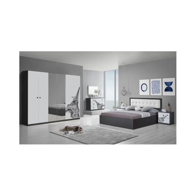 Dormitor Eiffel, alb/negru, pat 160x200, comoda, dulap, noptiere