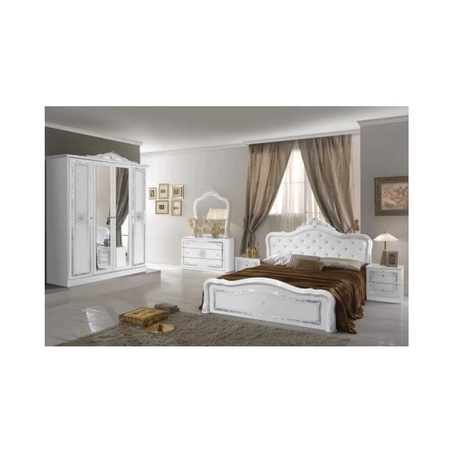 Dormitor Luisa, Alb, Pat 160x200 cm, Dulap cu 4 usi, Comoda, 2 Noptiere