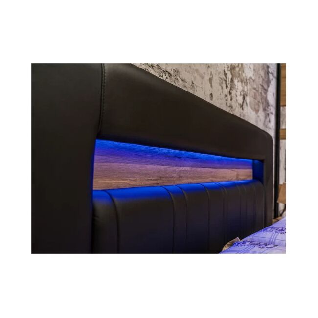 Dormitor Mozart, sonoma/negru, pat 180x200 cm, dulap cu 2 usi culisante, comoda, 2 noptiere