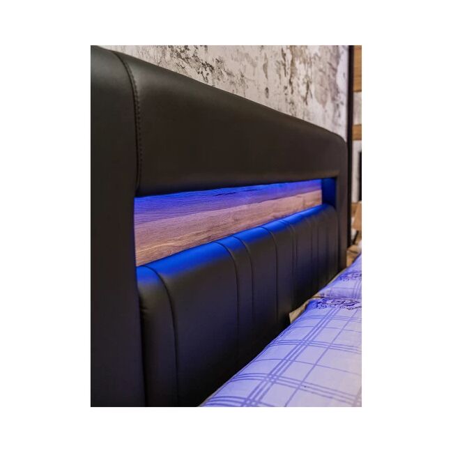 Dormitor Mozart, sonoma/negru, pat 180x200 cm, dulap cu 2 usi culisante, comoda, 2 noptiere