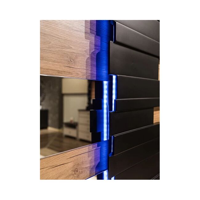 Dormitor Mozart, sonoma/negru, pat 180x200 cm, dulap cu 2 usi culisante, comoda, 2 noptiere