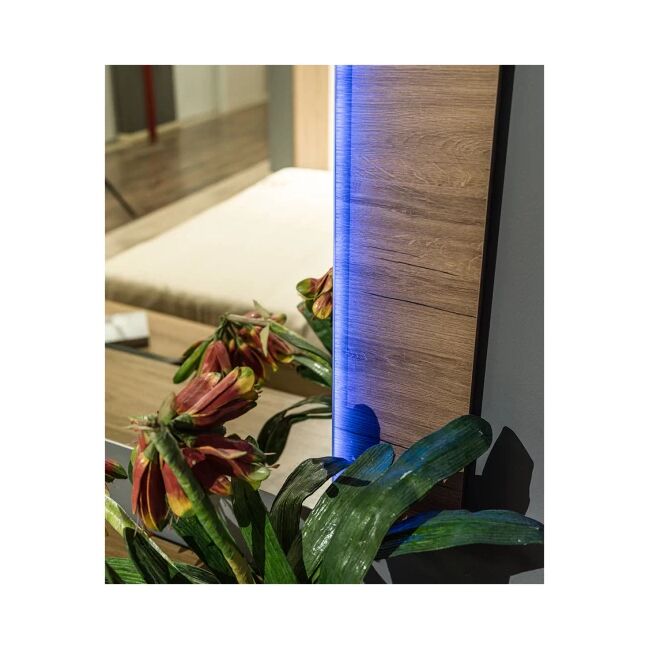 Dormitor Mozart, sonoma/negru, pat 180x200 cm, dulap cu 2 usi culisante, comoda, 2 noptiere